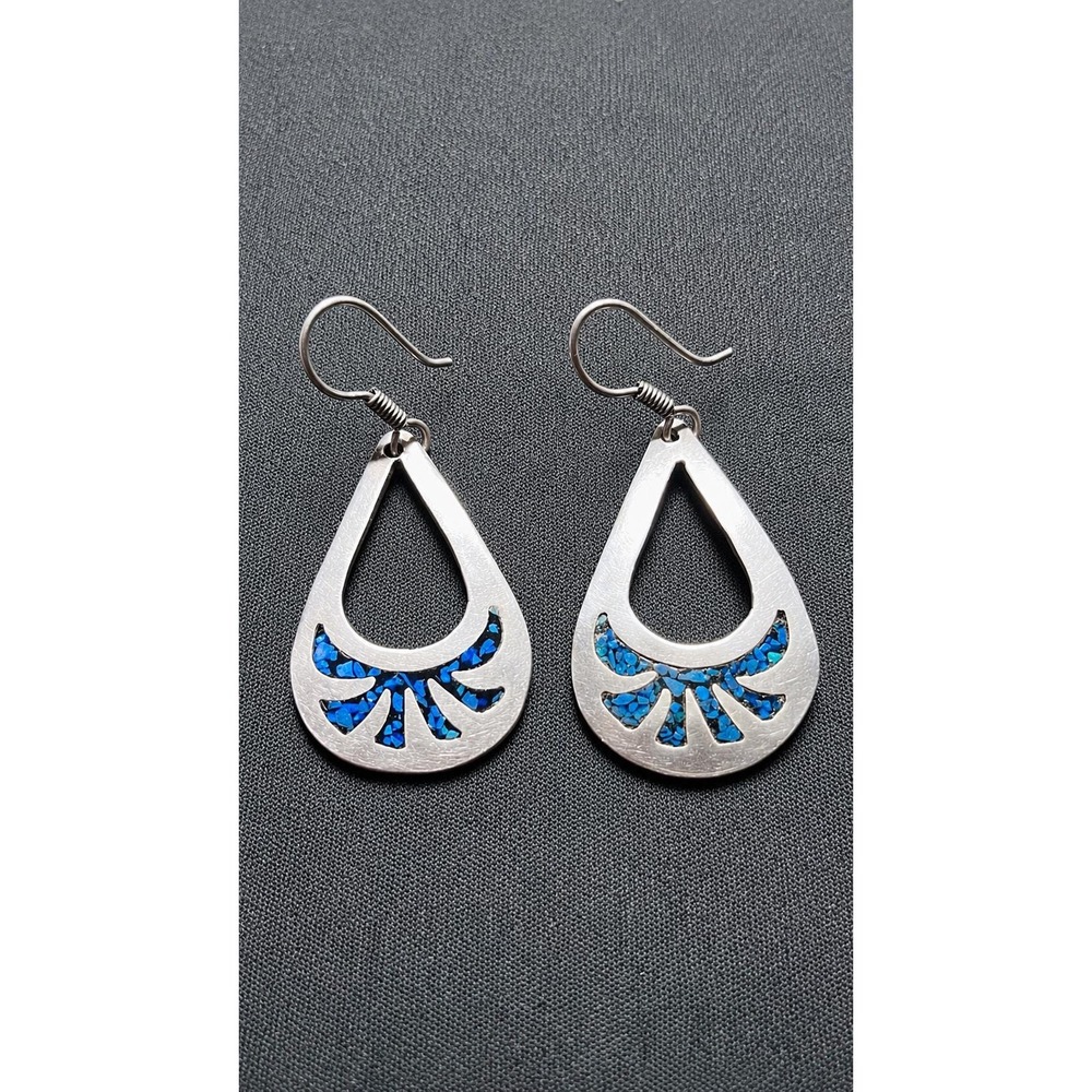 Vintage Taxco 925 Sterling Silver Turquoise Inlay Teardrop Earrings TB-140